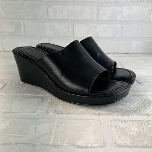 Ann Taylor Slides Women 10 Black Leather Platform Wedge‎ Open Toe Chunky 90s Y2K - Picture 1 of 12